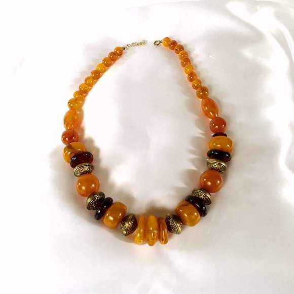 Amber Multi-tone Chunky Bead Necklace with Gold Tone Spring Ring Clasp -- 24" - Picture 8 of 8